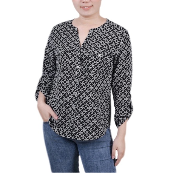 NY Collection Tops - NY Collection Black and White Mandarin Collar Blouse Size Large